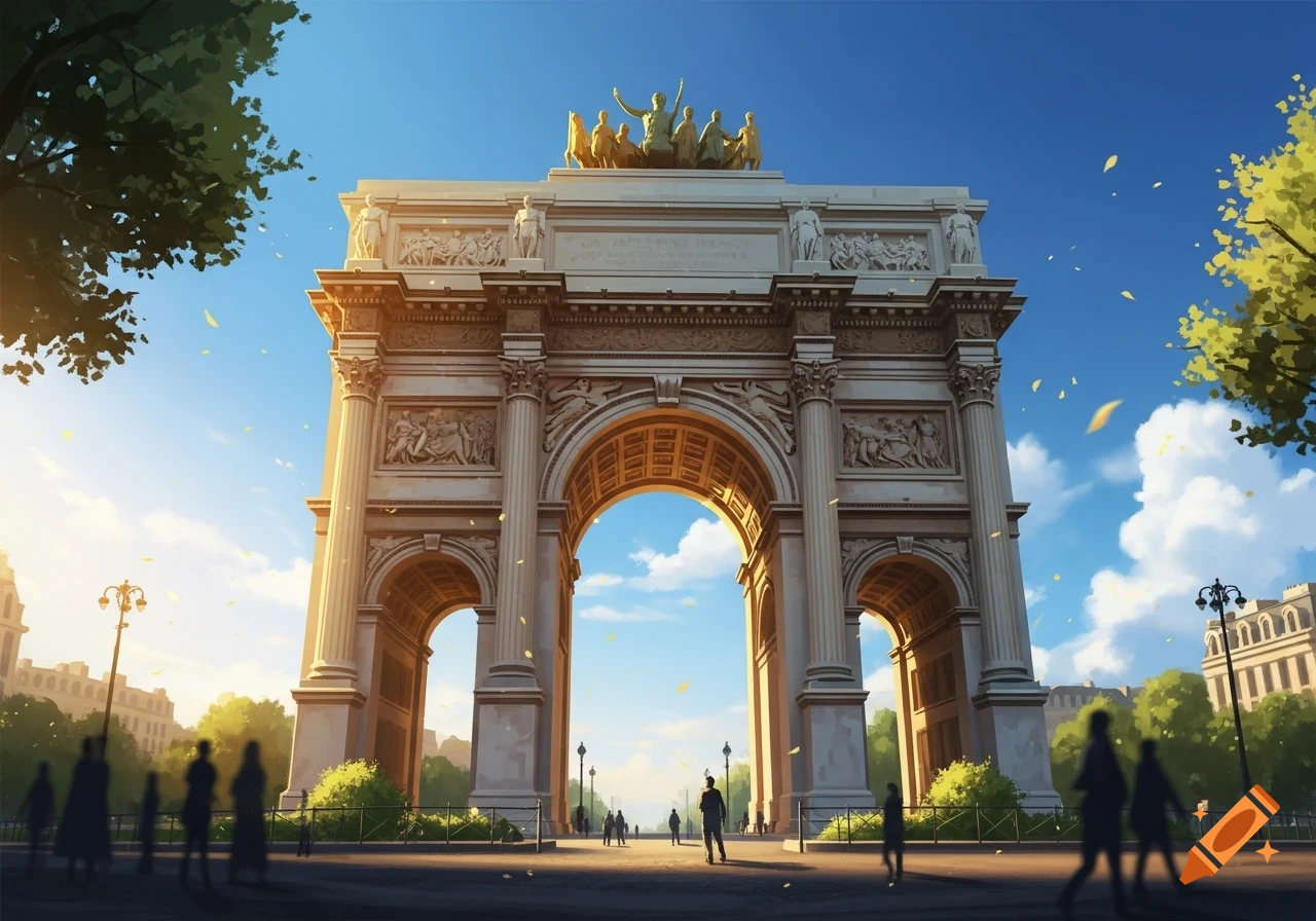 A grand triumphal arch with golden statues on top, bathed in golden sunlight under a blue sky, with silhouetted people walking below.