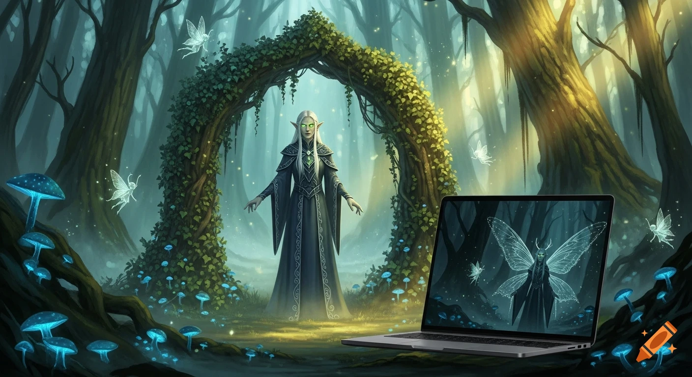 Fantasy elf in a magical forest with glowing mushrooms and fairies, and a laptop showing a similar fairy design.