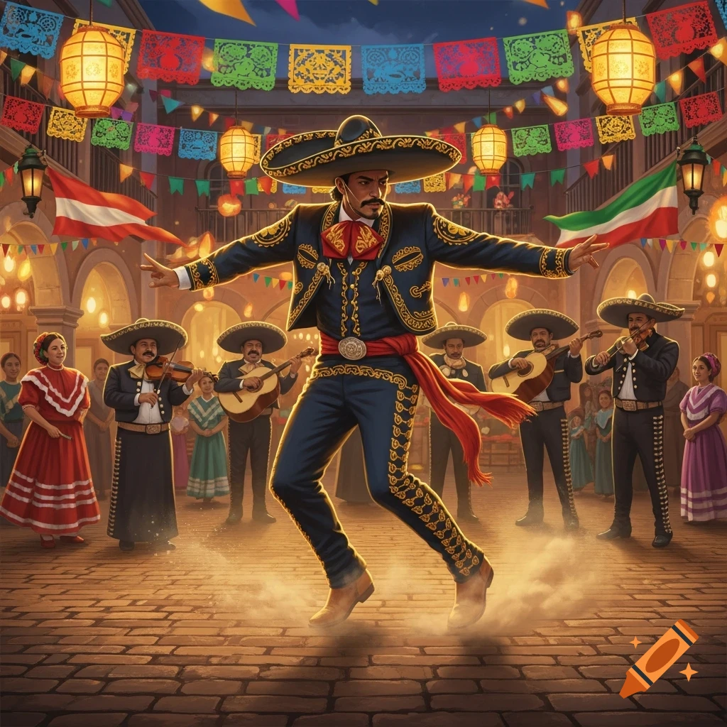 A mariachi dancer in a blue charro suit and sombrero performs lively in a festive square, surrounded by musicians and onlookers under colorful papel picado banners.