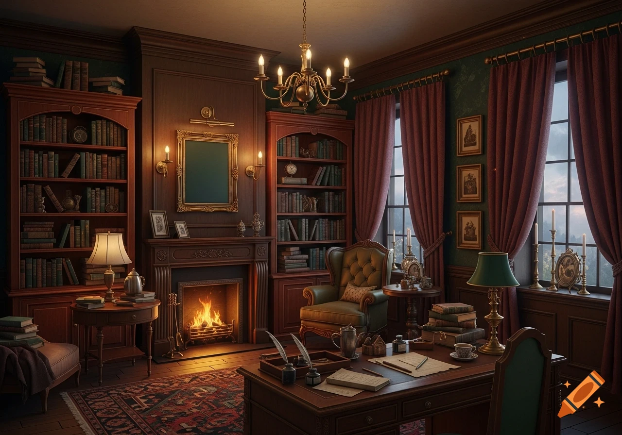 Cozy dark academia study with a fireplace, ornate bookshelves, and a large wooden desk, illuminated by warm light.