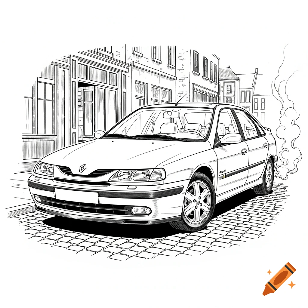 Black and white comic book style illustration of a Renault Laguna car parked on a cobblestone street with buildings in the background and smoke from its exhaust.