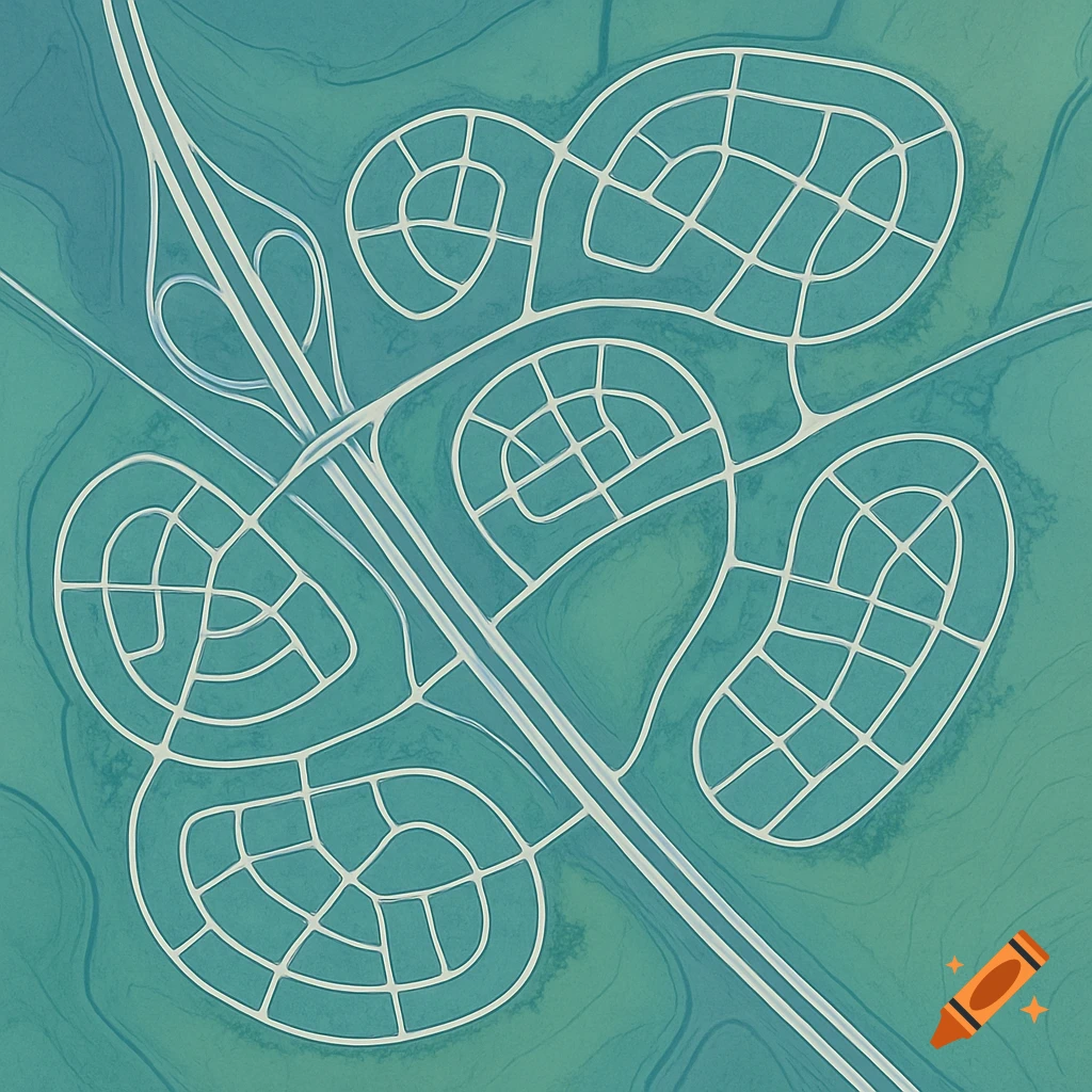 A stylized overhead map depicting a network of white roads and cul-de-sacs on a textured teal and green background, resembling a city plan.
