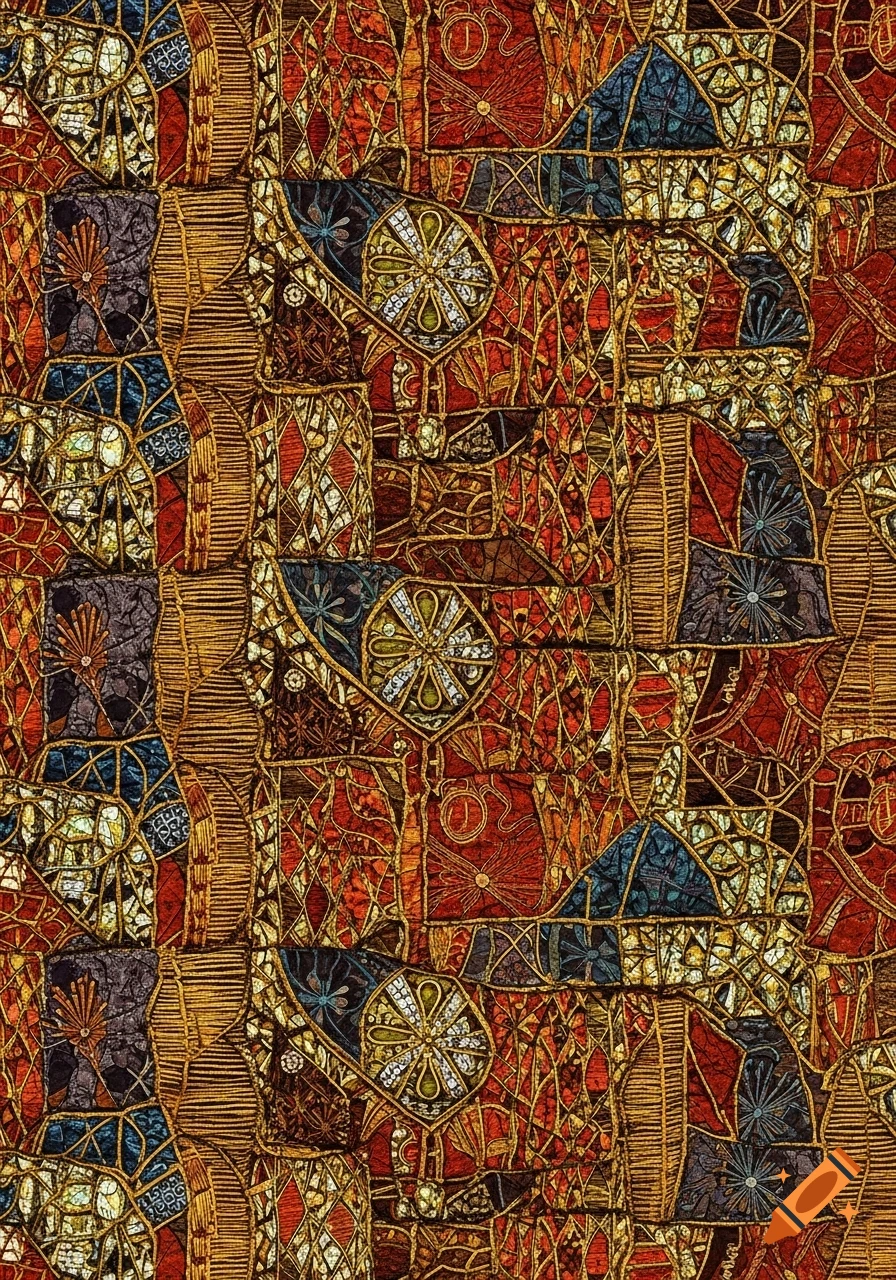 Abstract, textured textile pattern in warm reds, oranges, golds, and blues, inspired by El Anatsui.