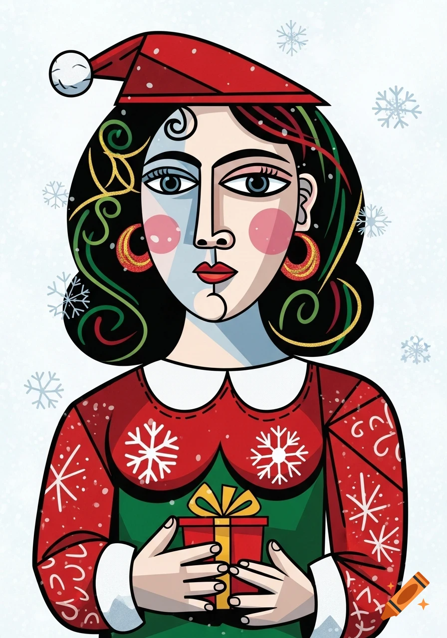 Cubist portrait of a woman in a Santa hat and Christmas dress, holding a gift, with snowflakes falling.