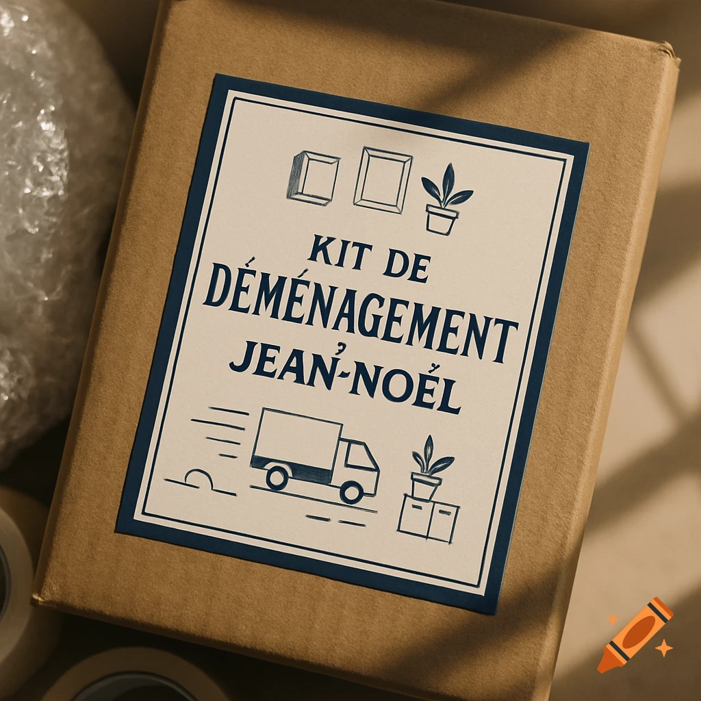 A brown cardboard box with a white and blue label that reads 'KIT DE DÉMÉNAGEMENT JEAN-NOËL' and features moving-related illustrations.