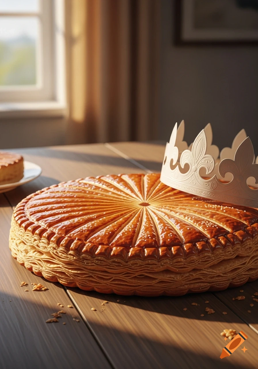 A golden brown galette des rois (King's cake) with a decorative paper crown sits on a wooden table, bathed in sunlight from a window.