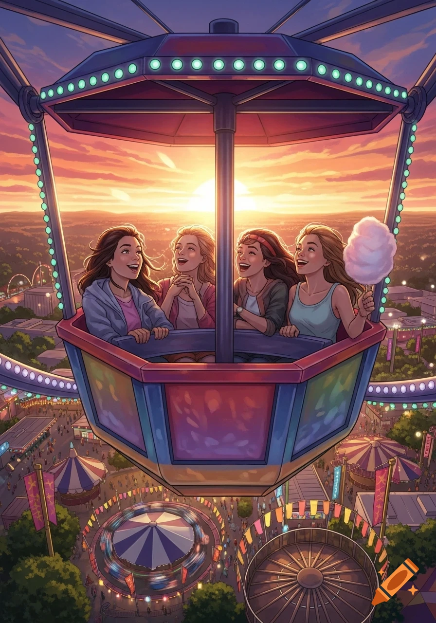 Four smiling girls ride a Ferris wheel at sunset over a bustling amusement park, illustrated in a cheerful, vibrant style.