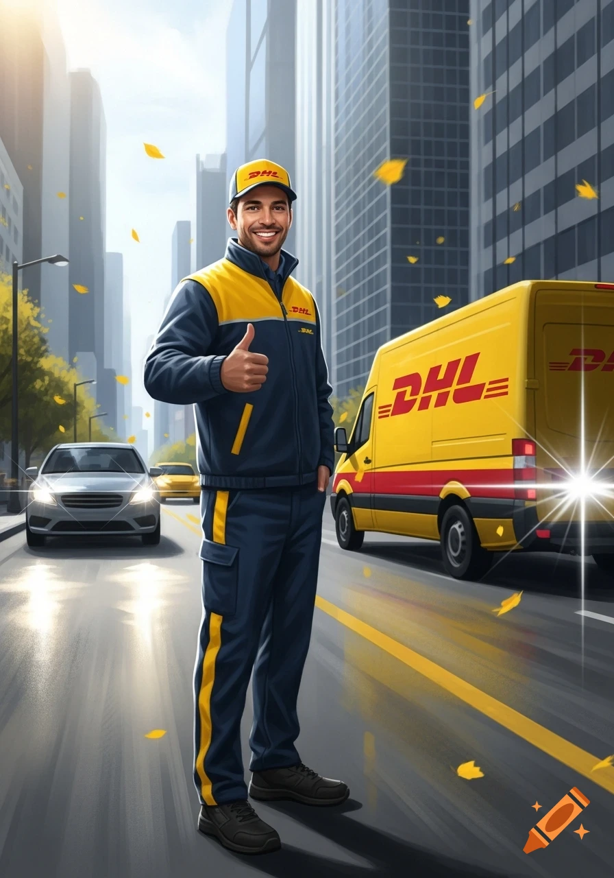 Smiling DHL delivery man in uniform gives a thumbs-up on a city street next to a yellow DHL van, cars, and buildings.