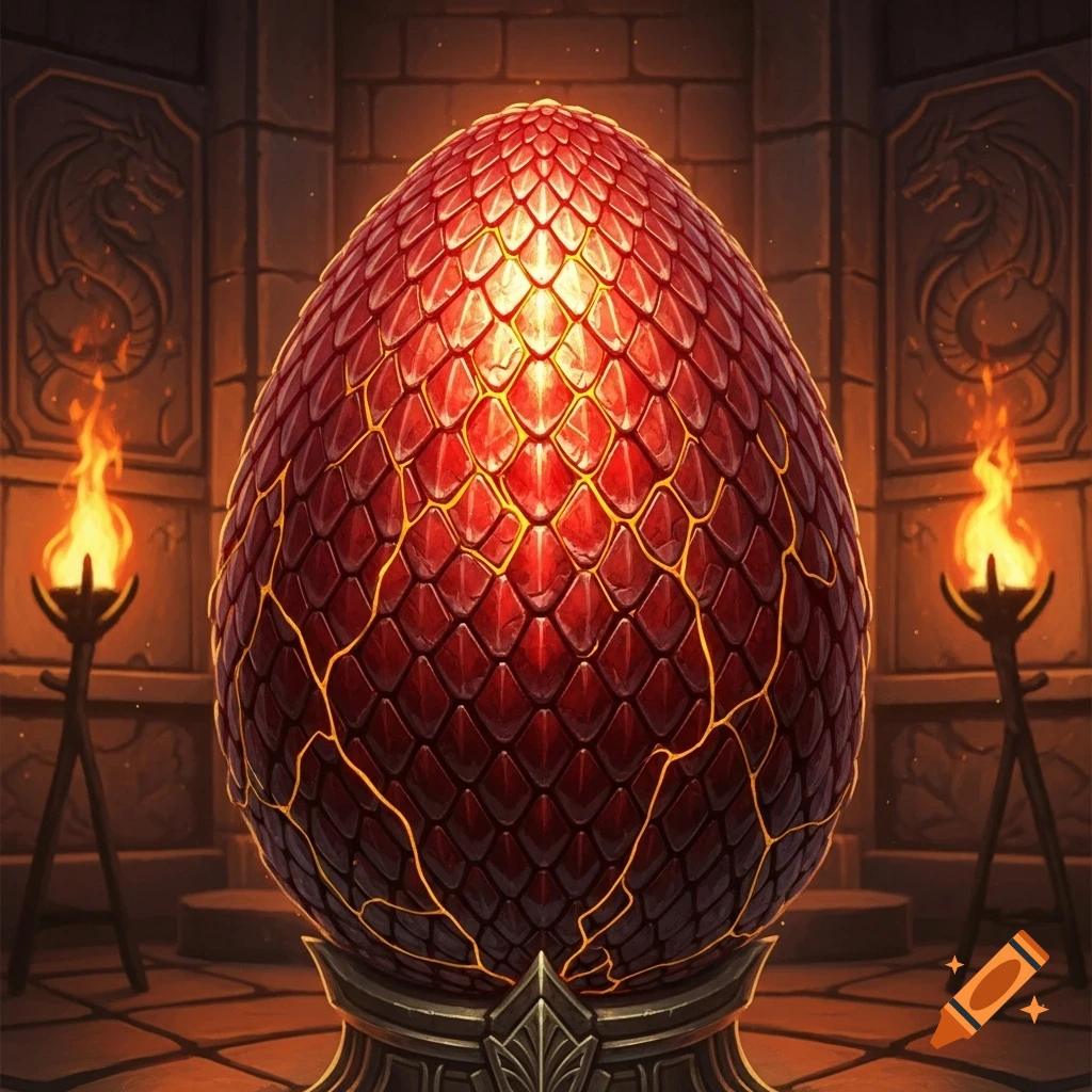 A glowing red dragon egg with golden cracks sits on a pedestal in a stone chamber with flaming torches and carved dragon symbols.