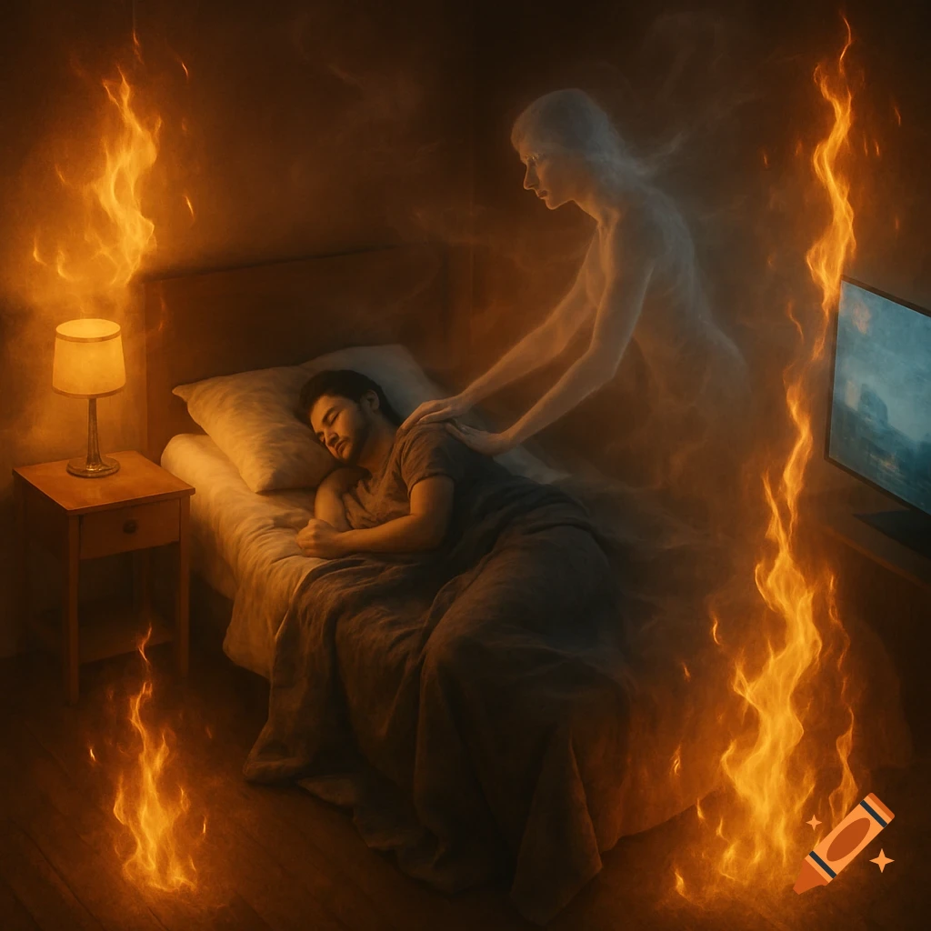 A man sleeps in a surreal bedroom with harmless flames, while a translucent ghost-like figure touches his back.