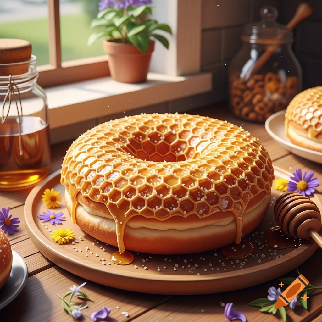 A photorealistic honey-glazed donut with a honeycomb pattern on a wooden plate with flowers and honey dipper.