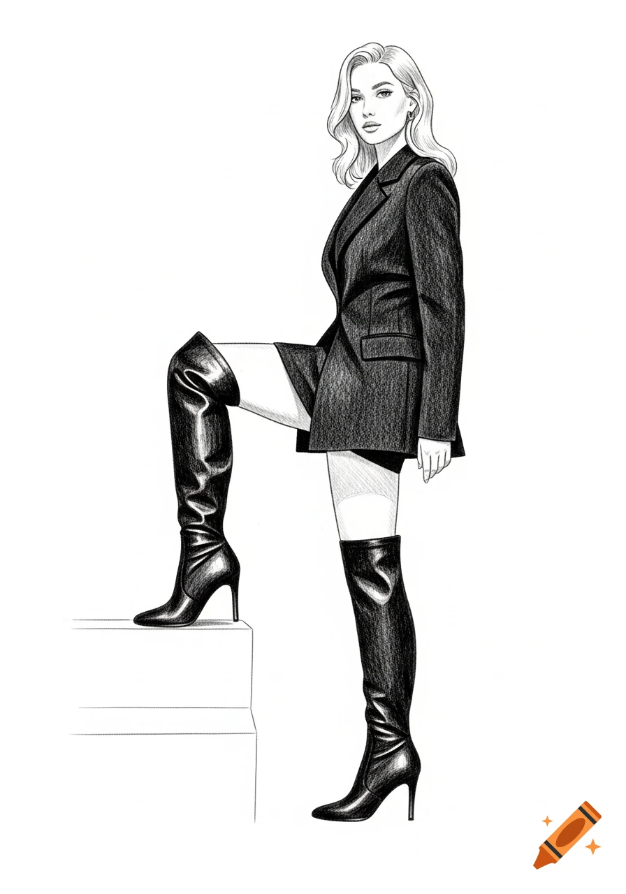 Pencil art drawing of a woman in a black blazer and thigh-high boots, with one leg posed on a step against a white background.