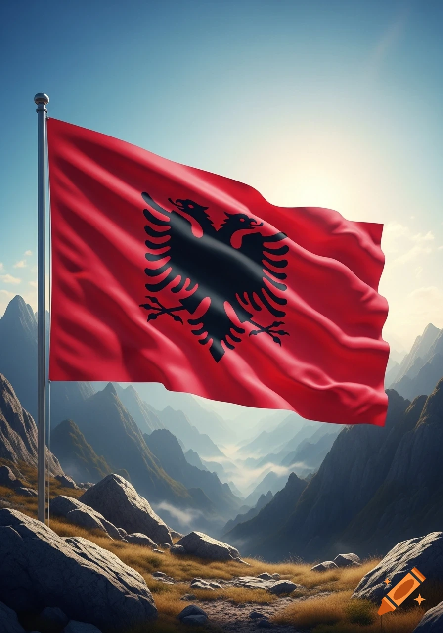 Photorealistic image of the red Albanian flag with a black double-headed eagle, waving on a pole in a rocky mountain landscape under a clear sky.