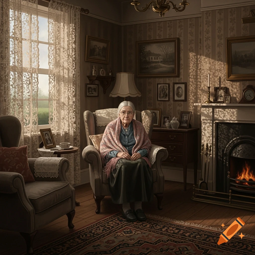 A photorealistic image of an elderly woman in glasses and a shawl, sitting in an armchair in a traditional living room.