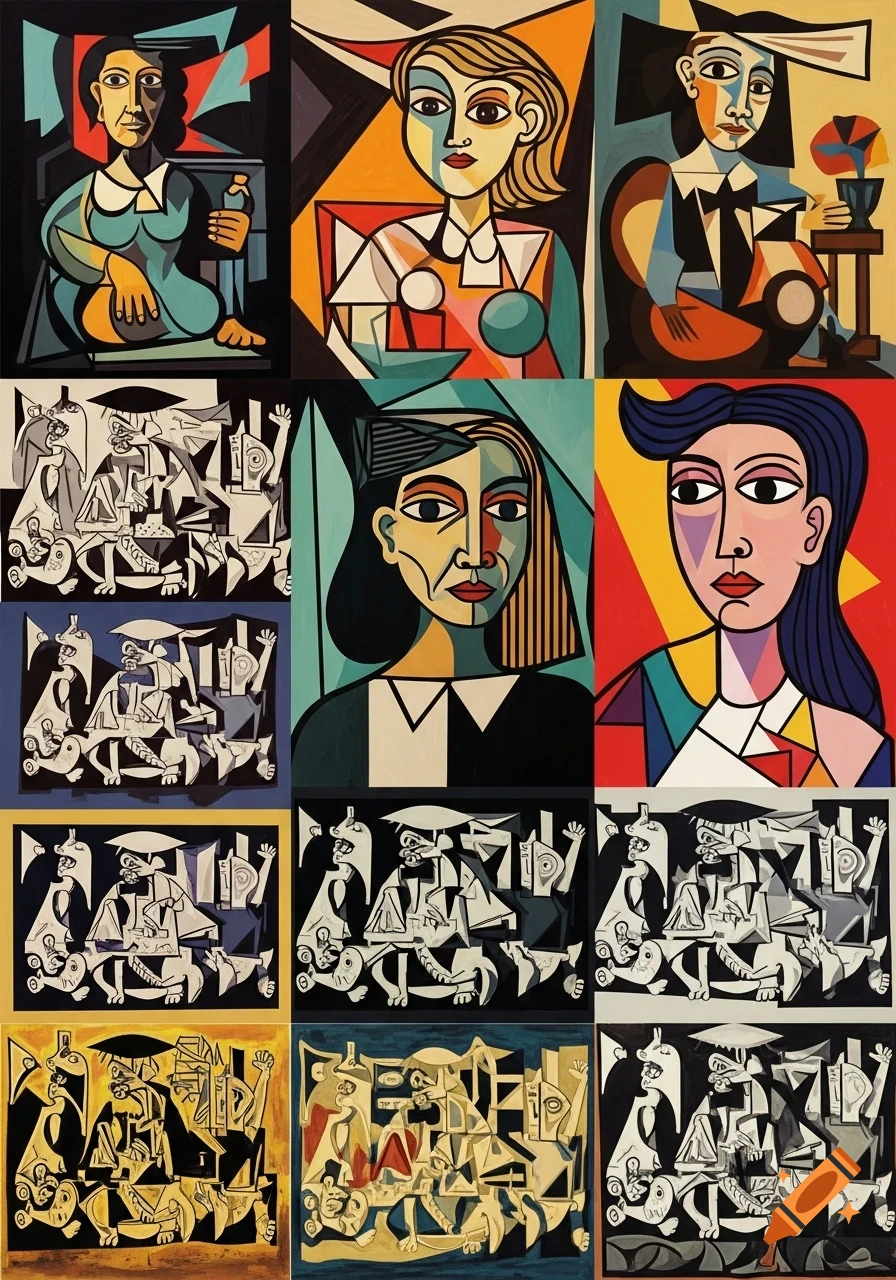 Grid of twelve cubist-style paintings, featuring colorful fragmented portraits and abstract monochromatic scenes.
