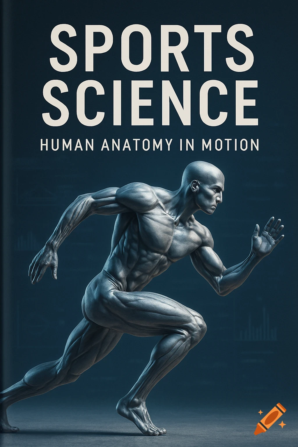 A highly muscular, metallic male anatomical figure in a running pose, with 'SPORTS SCIENCE HUMAN ANATOMY IN MOTION' text.