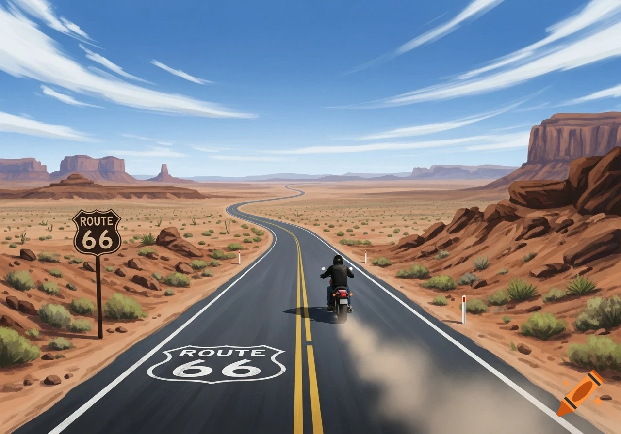 A motorcycle travels down a winding desert road past a Route 66 sign and towering mesas under a blue sky.