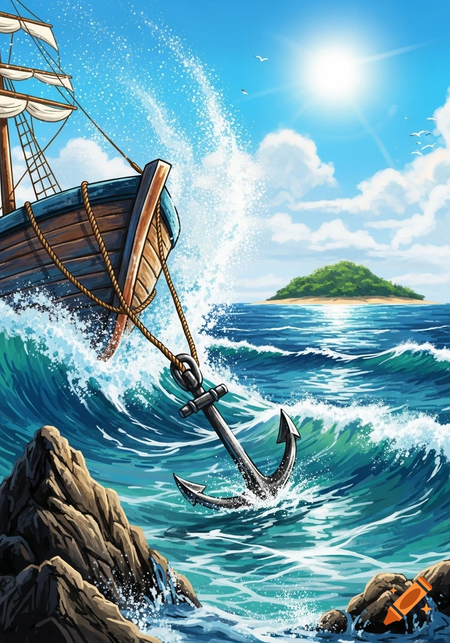 A vibrant illustration of a wooden boat with an anchor in crashing blue waves, with rocks, a sunny sky, and a distant green island.
