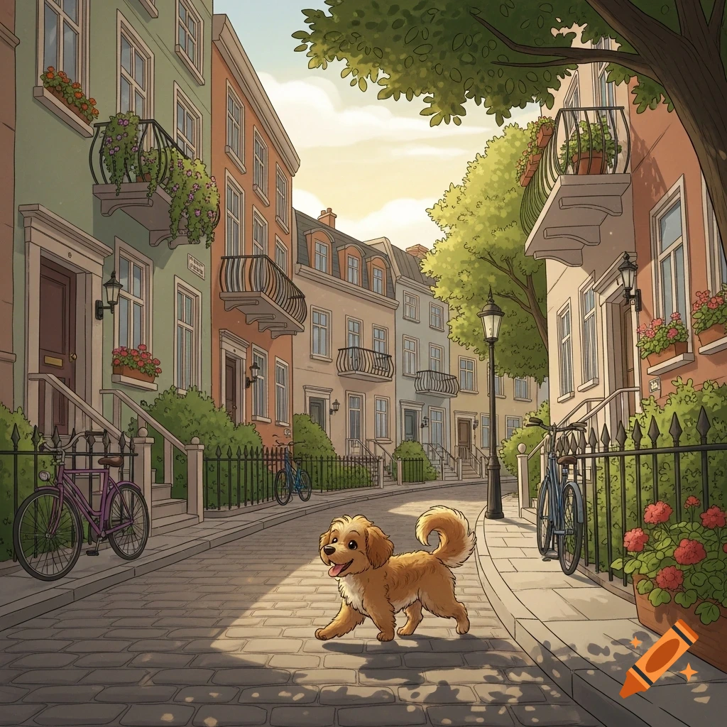 A cute golden dog happily trots on a cobblestone street lined with colorful townhouses and green trees under a sunny sky in an illustration.