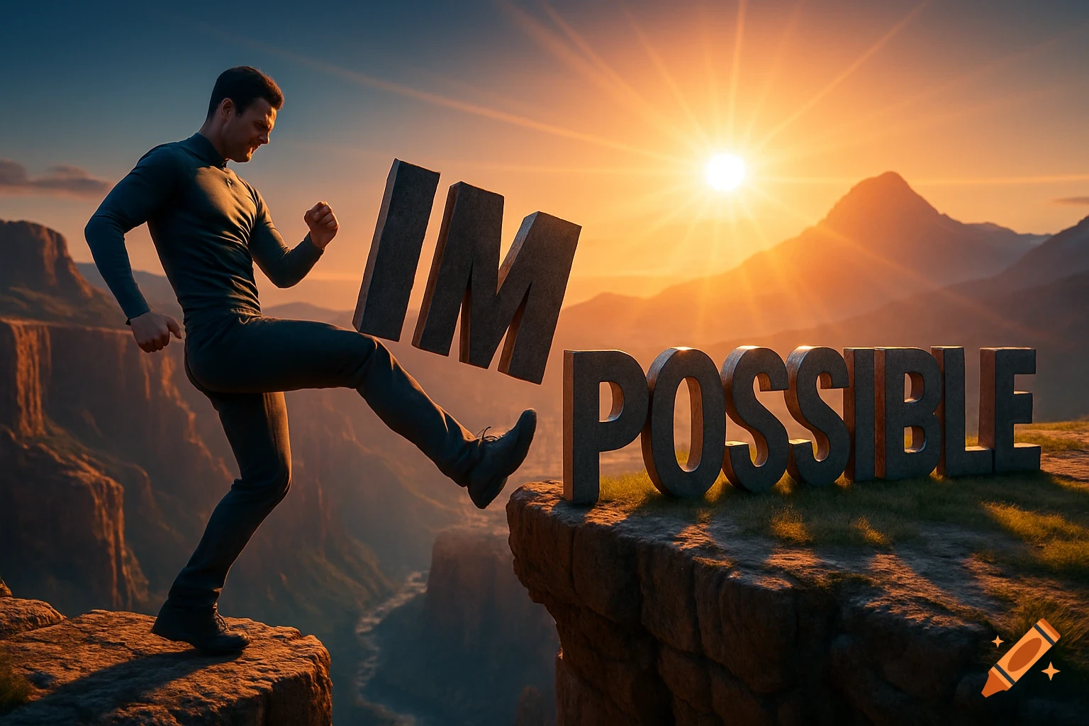 A man kicks the 'IM' from 'IMPOSSIBLE' off a cliff at sunrise, leaving 'POSSIBLE' on the edge. Photorealistic conceptual art.