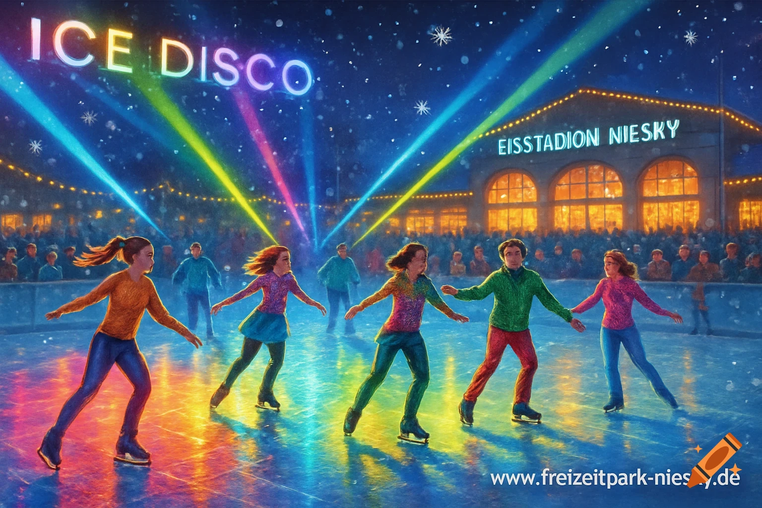 An ice disco scene at night with people ice skating, lit by colorful spotlights and falling snow, with a building in the background.