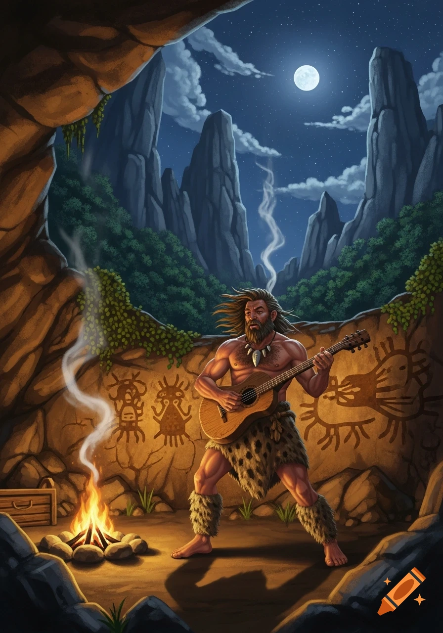 A caveman with long hair and a beard, wearing a fur loincloth, plays an acoustic guitar by a campfire inside a cave with ancient rock art. Outside, tall mountains rise under a full moon in a starry night sky.