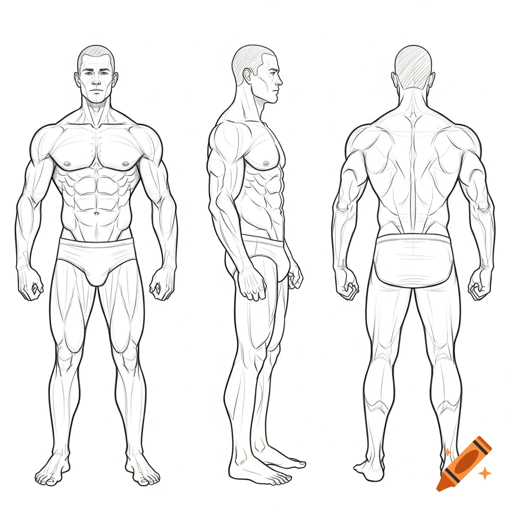 Line art diagram showing the front, side, and back views of a muscular male body in briefs, highlighting anatomical structure.