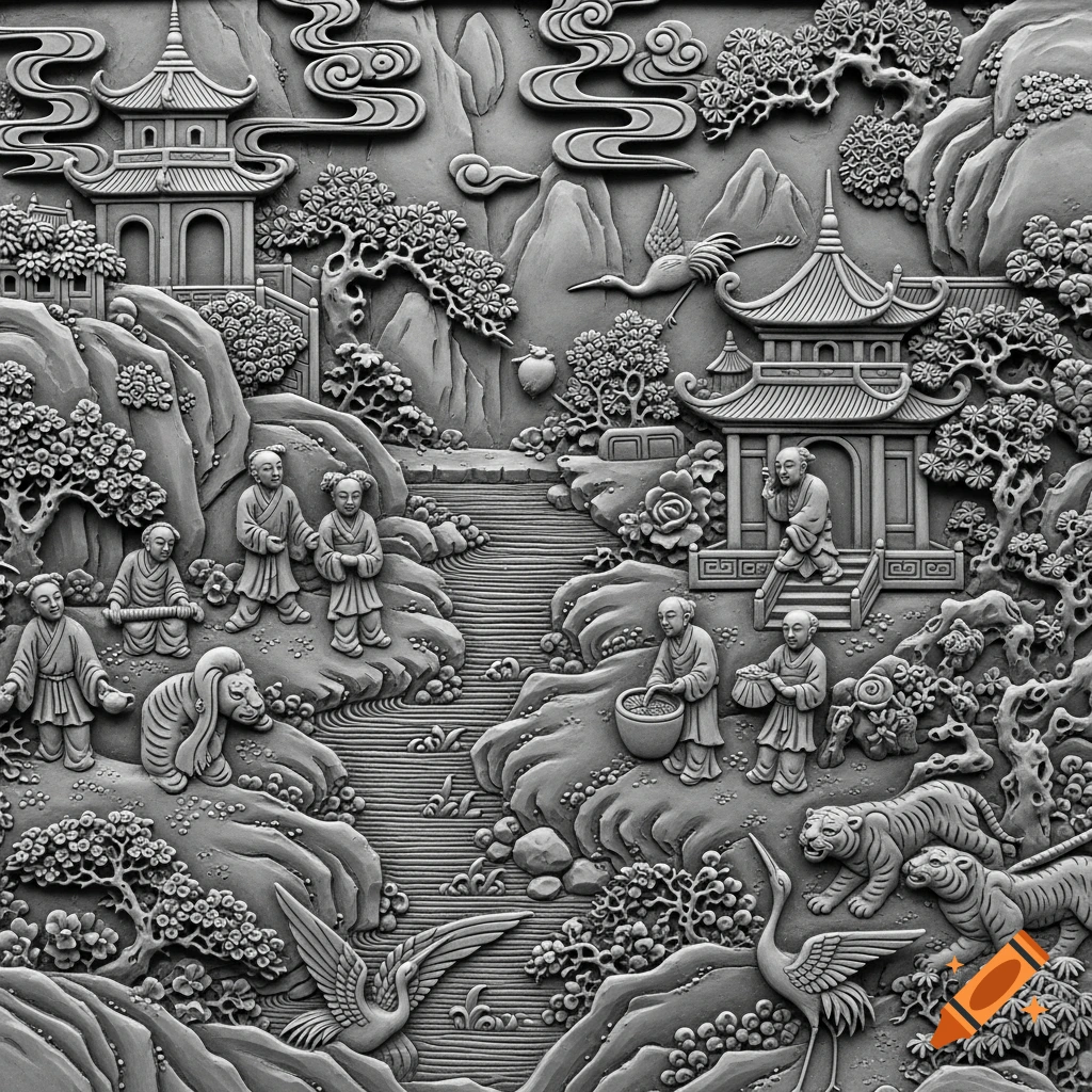 A detailed grayscale relief sculpture in Chinoiserie style, featuring an Asian landscape with pagodas, figures, mountains, cranes, and tigers.