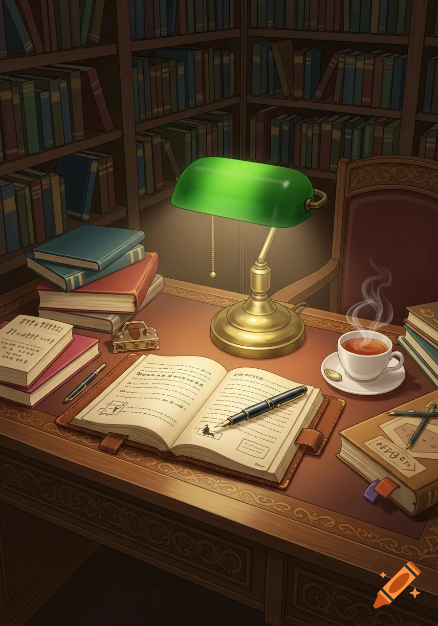 A cozy, detailed illustration of a study desk with an open book, green banker's lamp, teacup, and stacks of books.