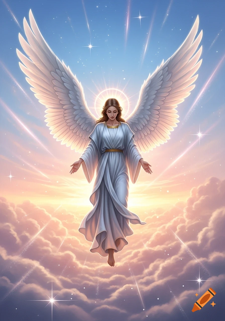 An ethereal angel with large white wings, flowing white gown, and a golden halo floats gracefully amidst a bright, cloudy sky with sparkling stars.