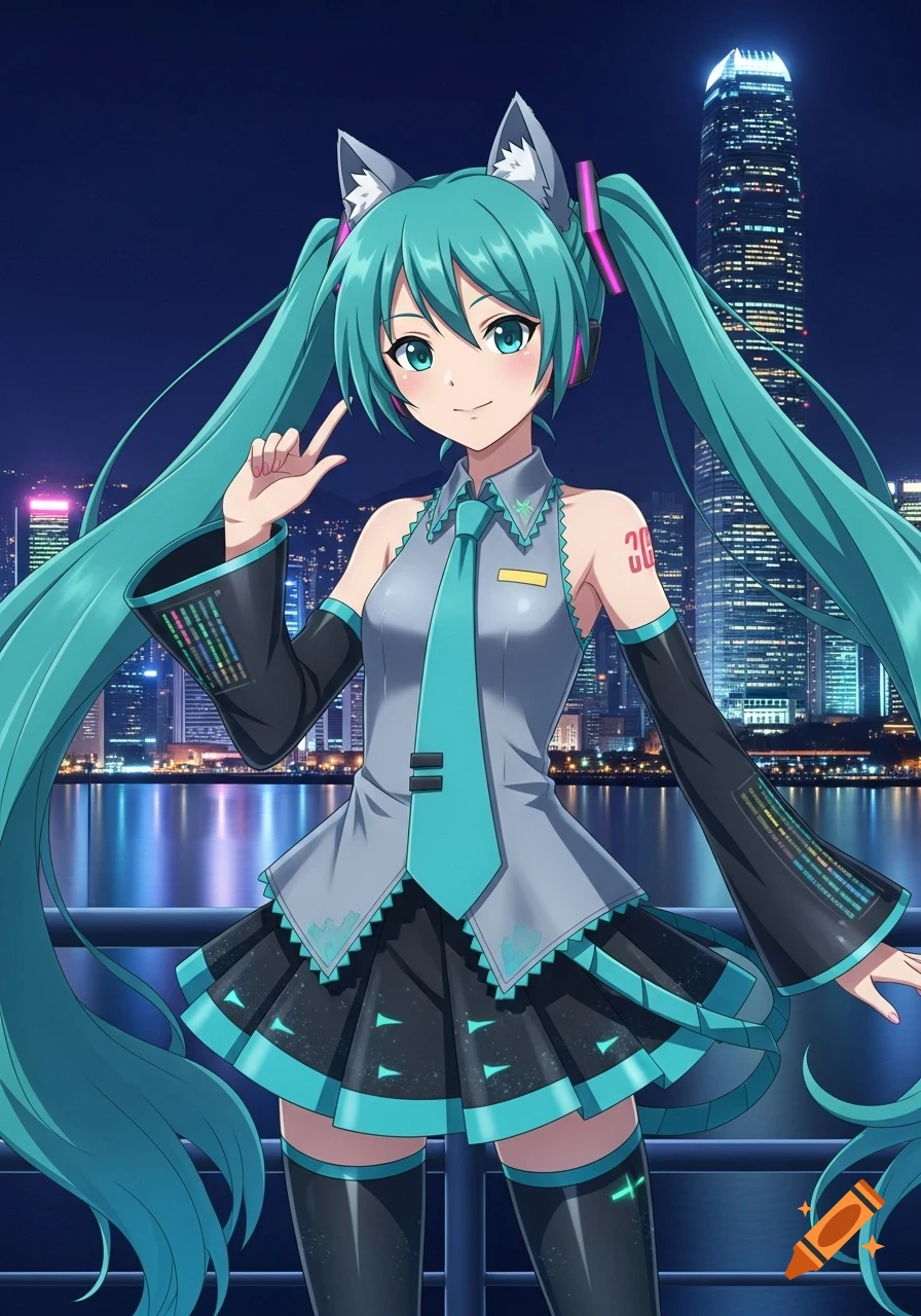 A vibrant anime girl with long teal pigtails and wolf ears smiles against a night city skyline.