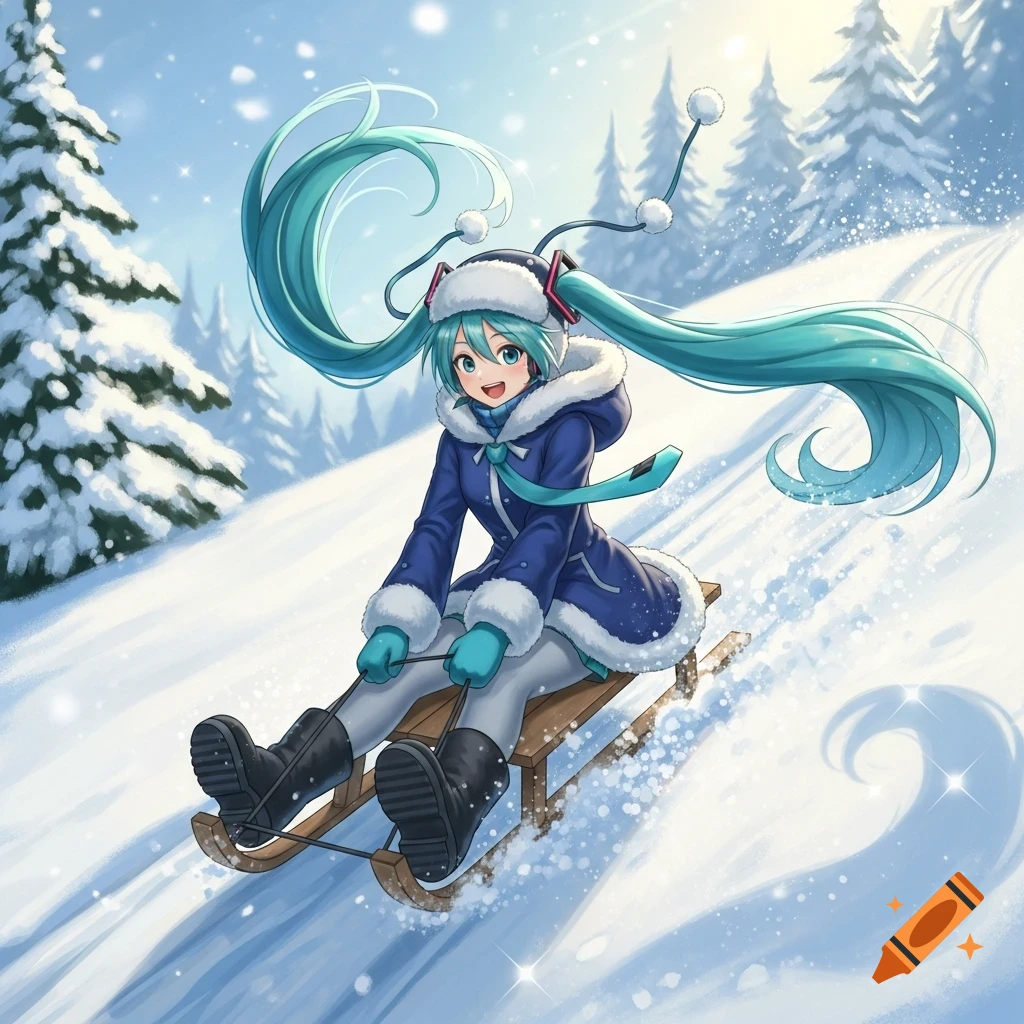 Hatsune Miku in winter clothes sledding down a snowy hill with pine trees in an anime style.
