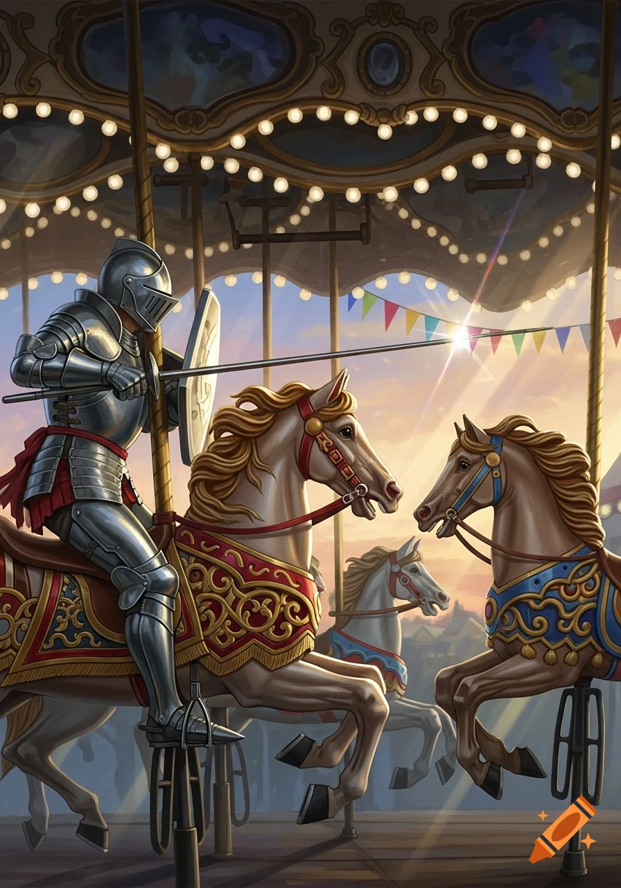 A knight on a decorated carousel horse jousting another, set against a sunset sky and a brightly lit carousel.