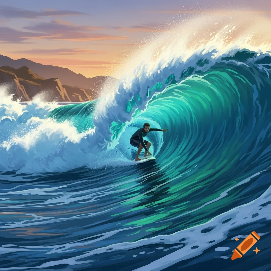 A stylized illustration of a surfer riding a large, turquoise barrel wave with mountains in the background at sunset.