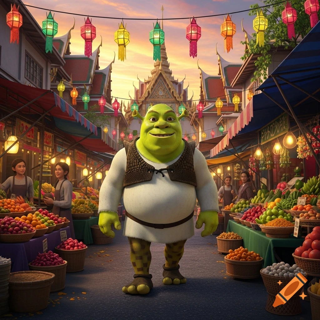 Shrek smiles in a vibrant Thai market amidst fruit stalls, vendors, colorful lanterns, and a temple-like building under a sunset sky.