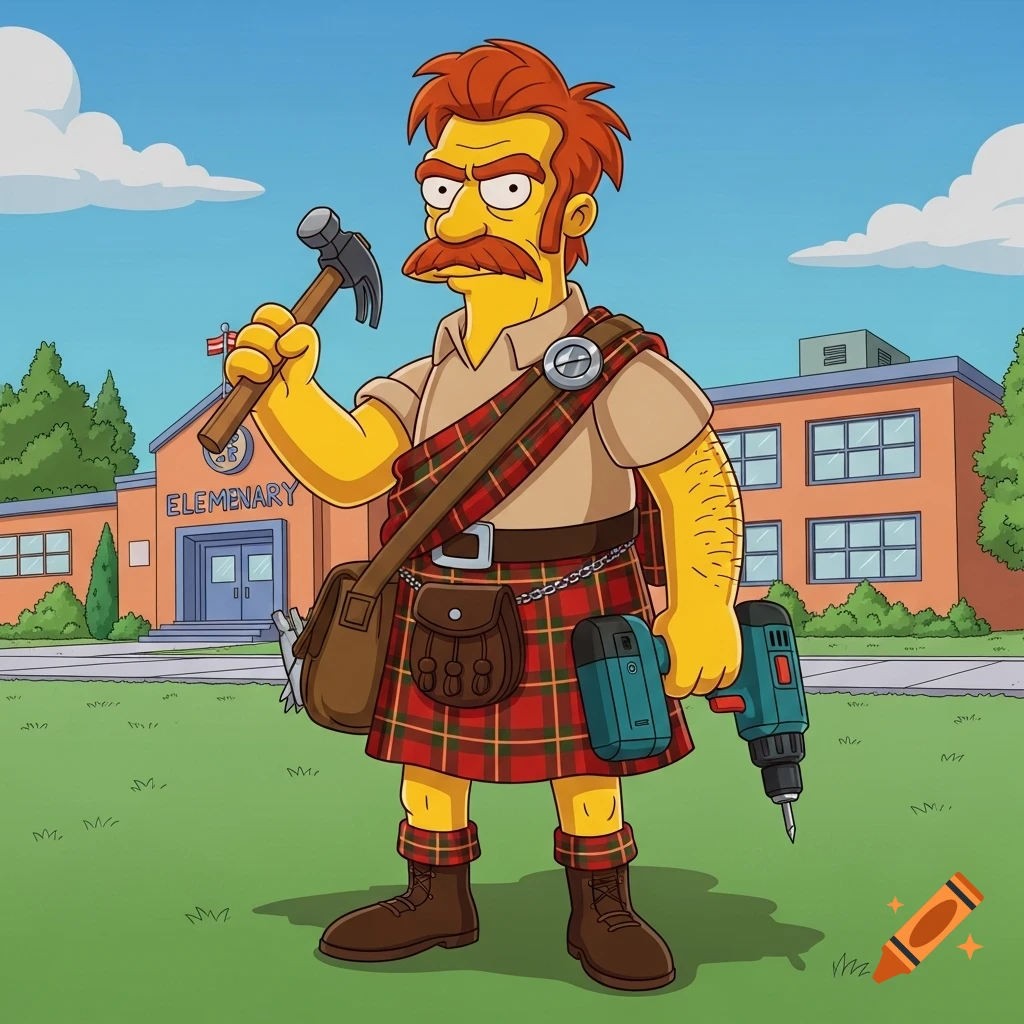 Groundskeeper Willie from The Simpsons in a kilt, holding a hammer and drill, in front of an elementary school, cartoon style.