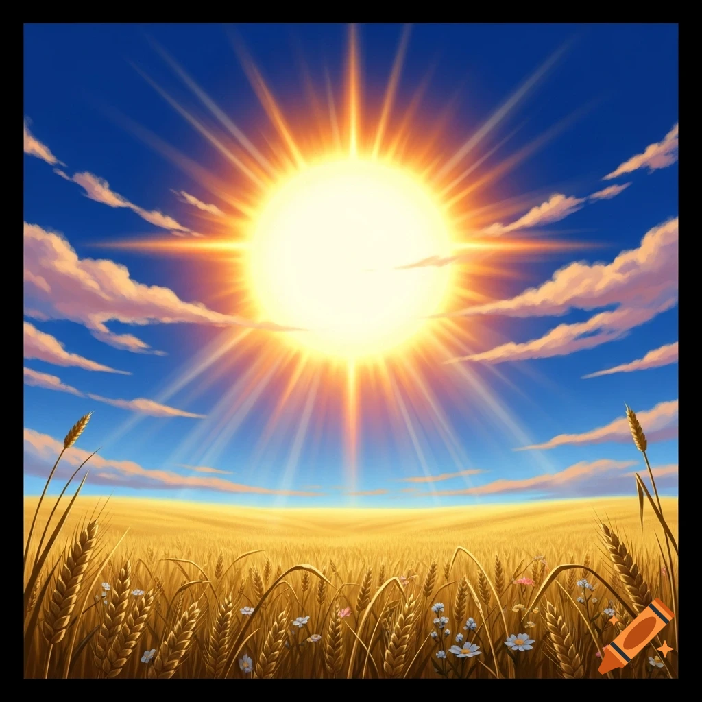 Vibrant illustration of a bright sun beaming over a golden wheat field under a blue sky with scattered clouds.