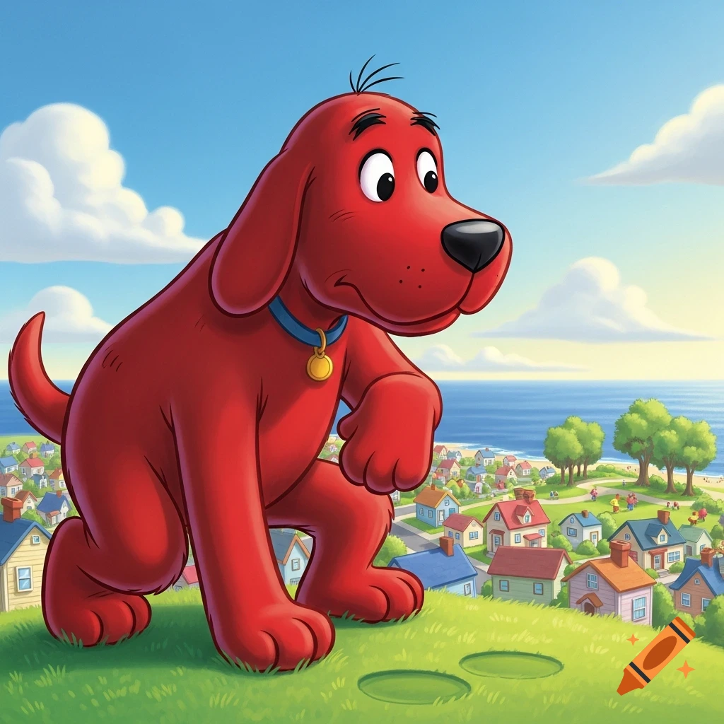 Clifford the Big Red Dog squats on a green hill overlooking a colorful town and ocean under a blue sky, in a cartoon style.