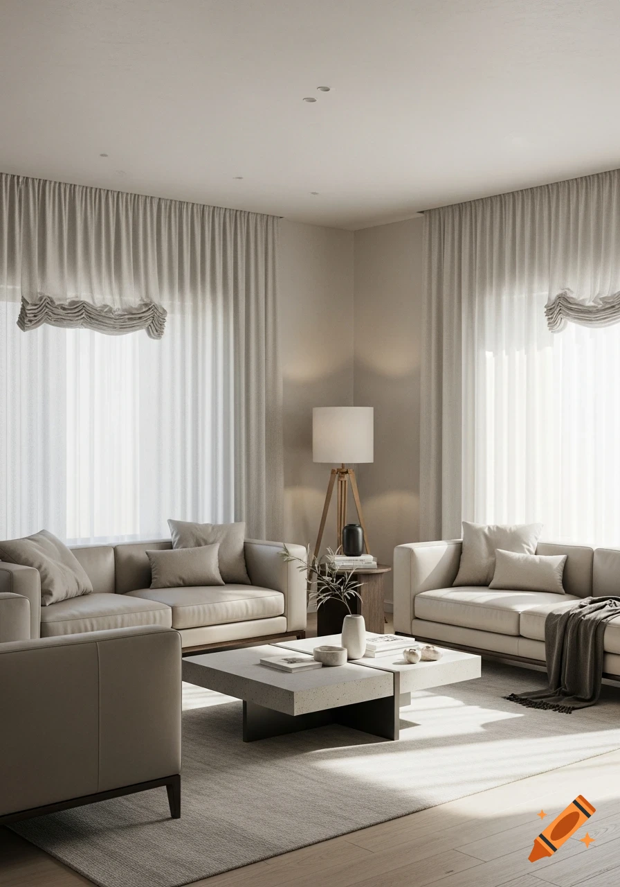 A brightly lit minimalist living room with light leather sofas, a concrete coffee table, sheer white curtains, and a wooden floor lamp.