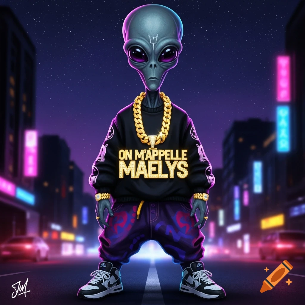 A cartoon alien in a black sweatshirt with 'ON M'APPELLE MAELYS' and a gold chain, standing on a neon-lit city street at night.