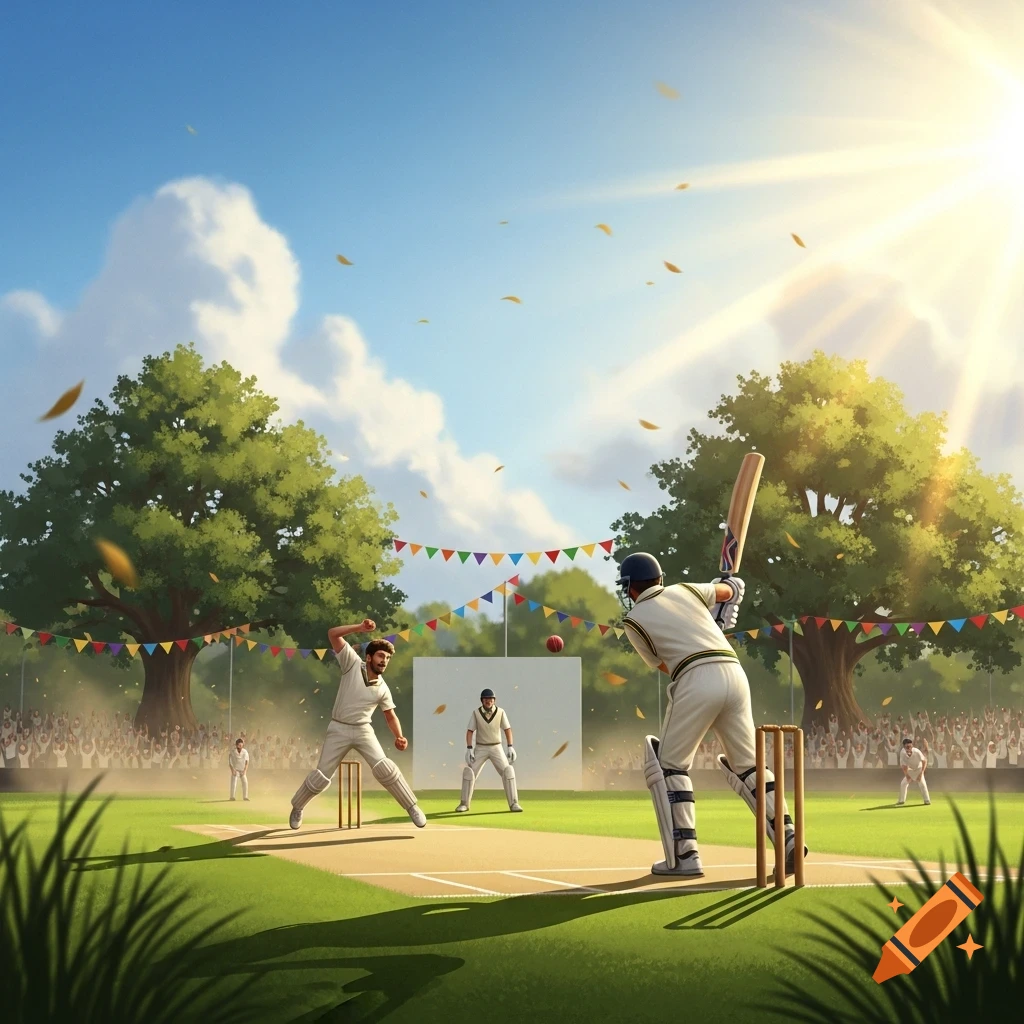 Vibrant illustration of a cricket match on a sunny day. A batsman faces a bowler, with a wicketkeeper, crowd, and trees in the background.