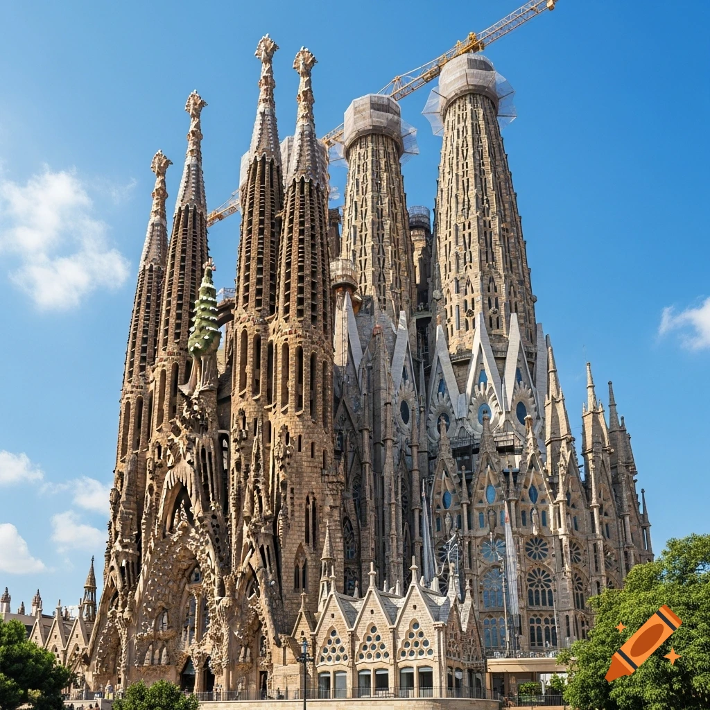 Detailed view of the Sagrada Familia basilica's spires and intricate facades against a blue sky, with construction cranes.