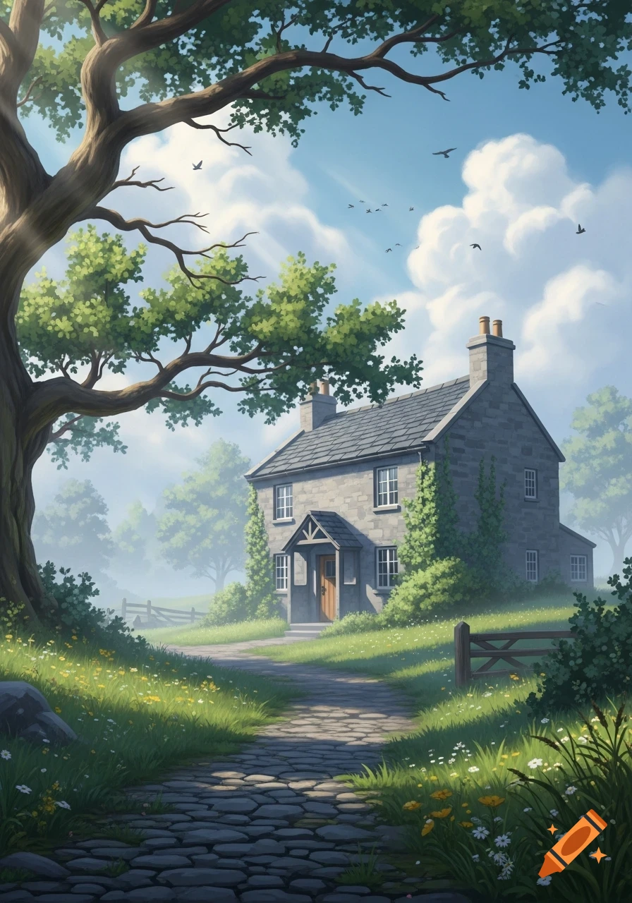 A stone path leads to a gray cottage surrounded by green grass, wildflowers, and a large tree under a blue sky with fluffy clouds. Illustrative.