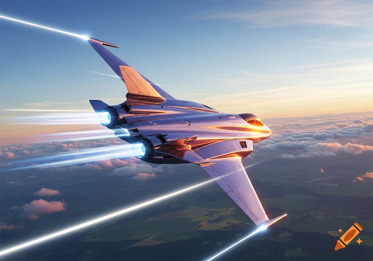 A sleek, futuristic silver jet aircraft with blue exhaust trails flies high above clouds and green land, bathed in golden sunset light.