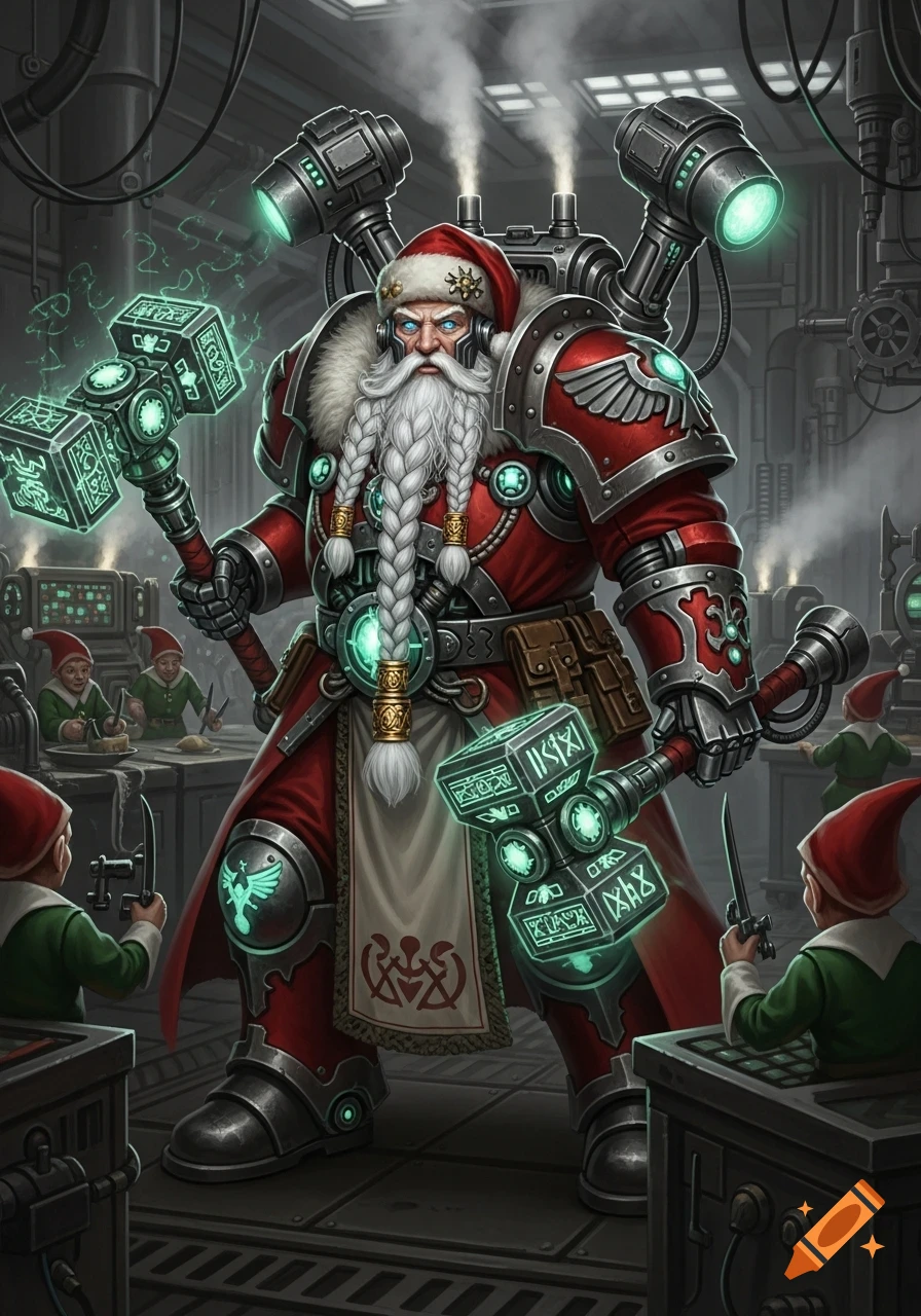 A heavily armored Santa Claus, resembling a Warhammer 40k Space Marine, stands in a dark, industrial workshop with elves, holding two glowing runic hammers.