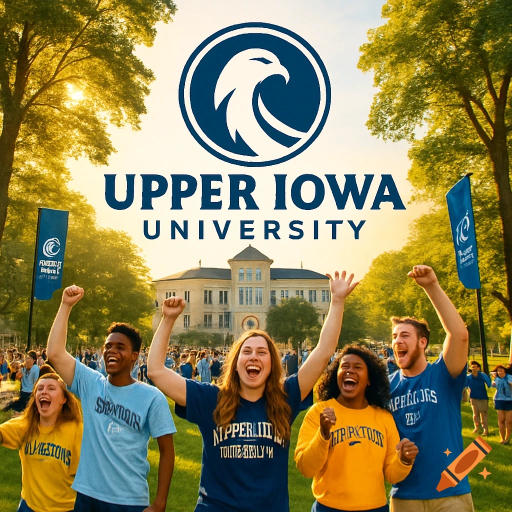 A diverse group of cheering students with hands raised in front of a university building and trees, with "Upper Iowa University" text and a hawk logo in the sky.