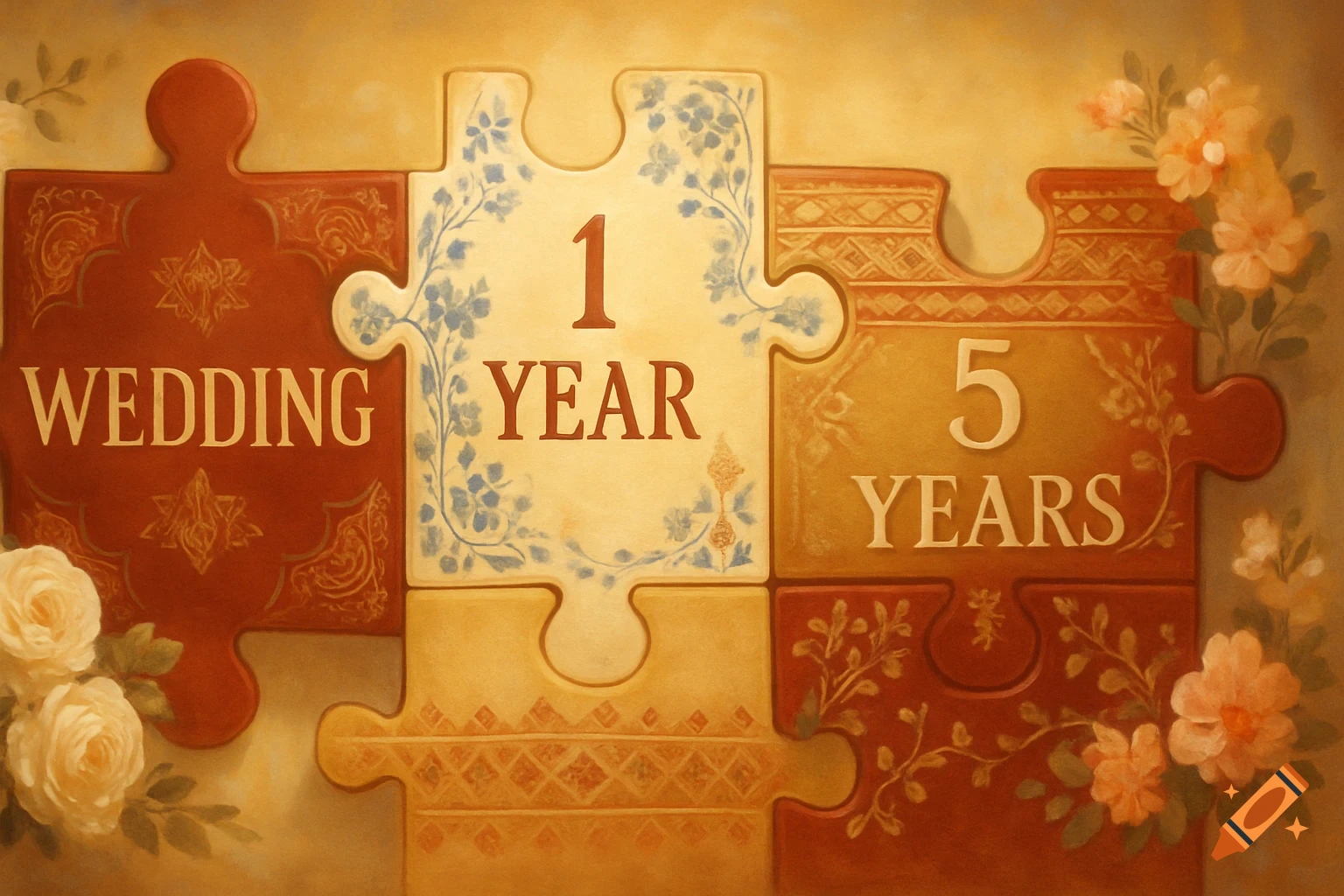 A painted wedding timeline puzzle with pieces showing 'WEDDING,' '1 YEAR,' and '5 YEARS,' adorned with roses.