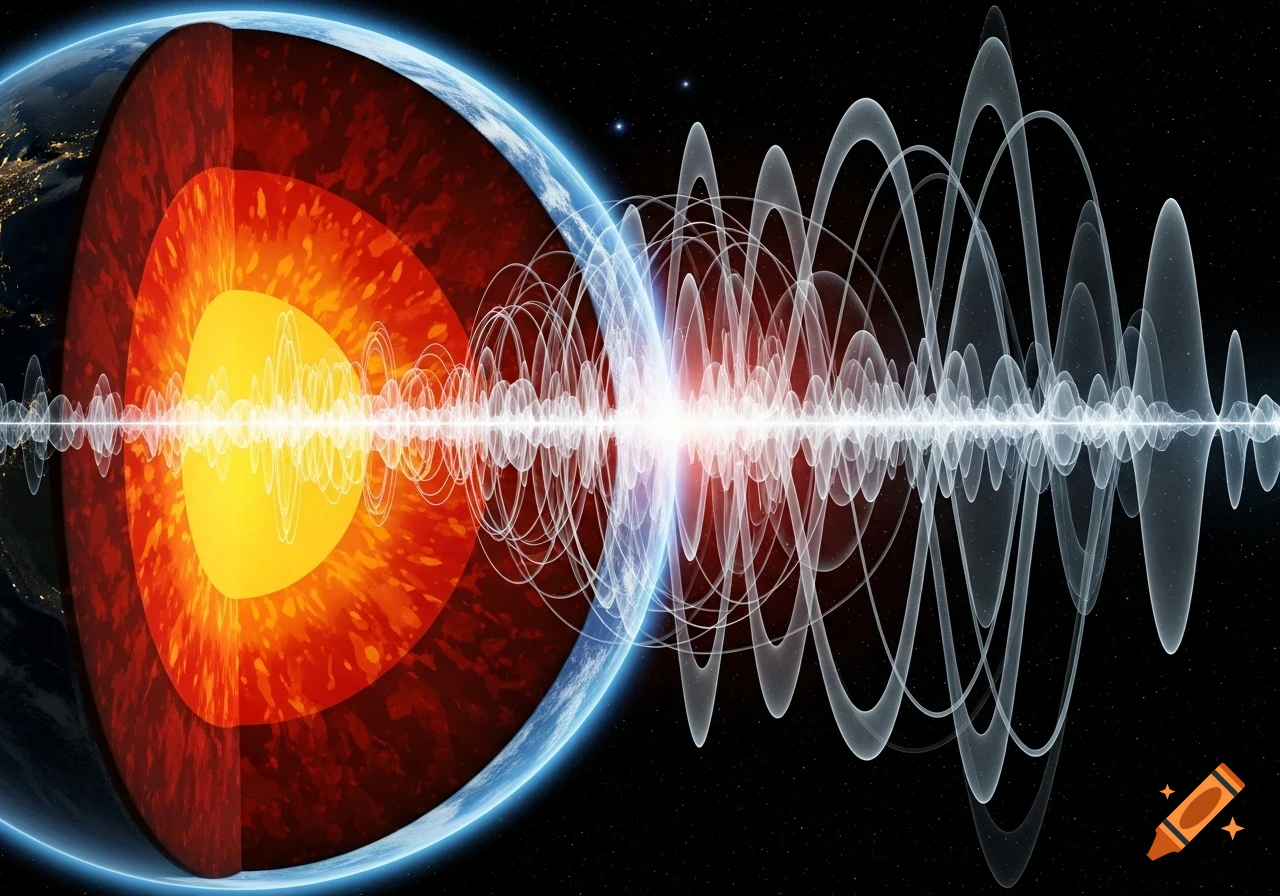 A detailed cross-section of the Earth showing its core and layers, with translucent white acoustic waves propagating outwards into space.