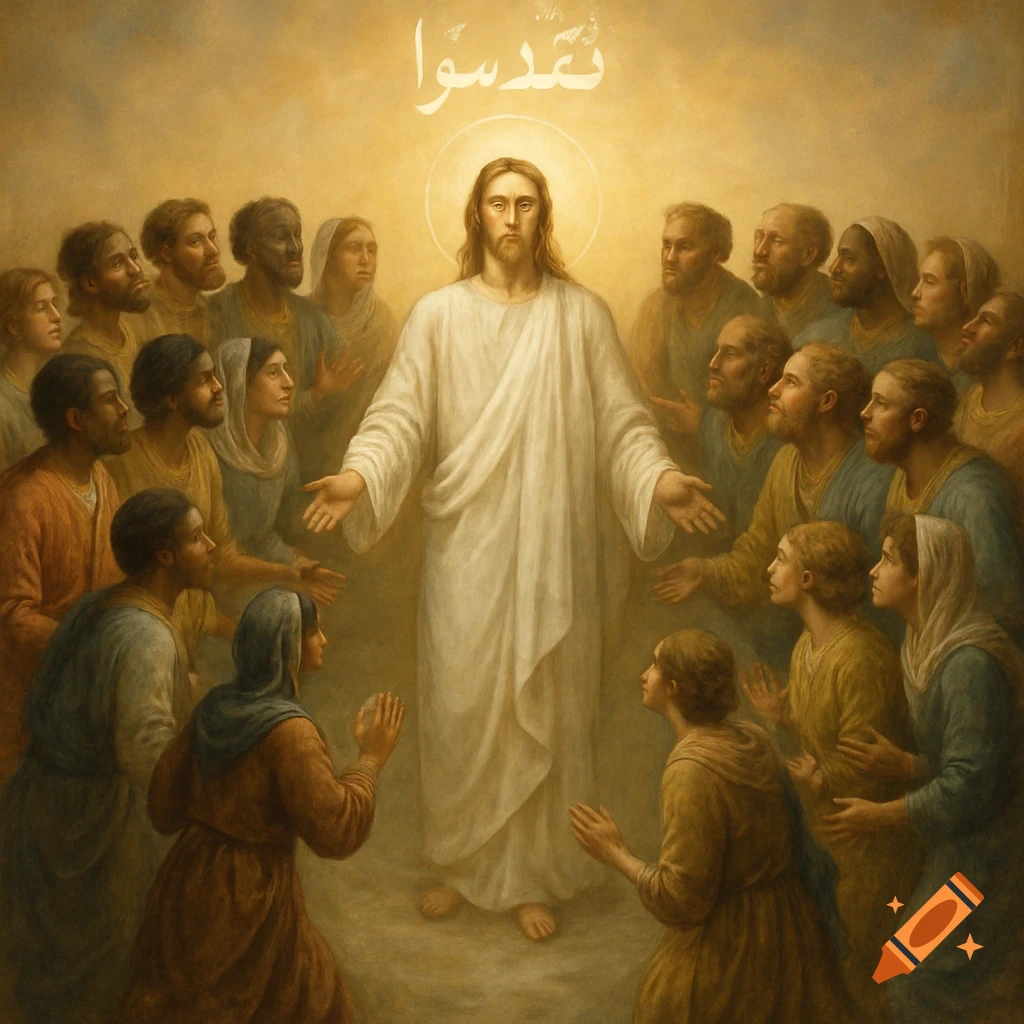 Jesus, with a halo, stands among diverse followers in a warm, golden Renaissance-style painting with Arabic text above.