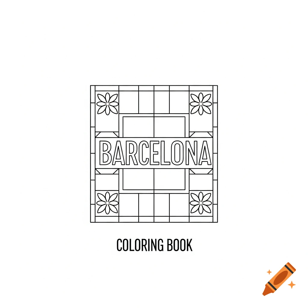 Minimalist black outline coloring book cover with 'BARCELONA' framed by a tiled pattern, and 'COLORING BOOK' text.